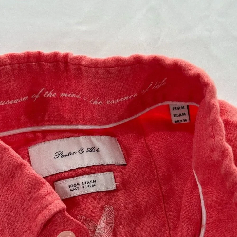 Porter & Ash 100% Linen Shirt Men's M Coral Pink Short Sleeve Good Condition - Picture 3 of 8